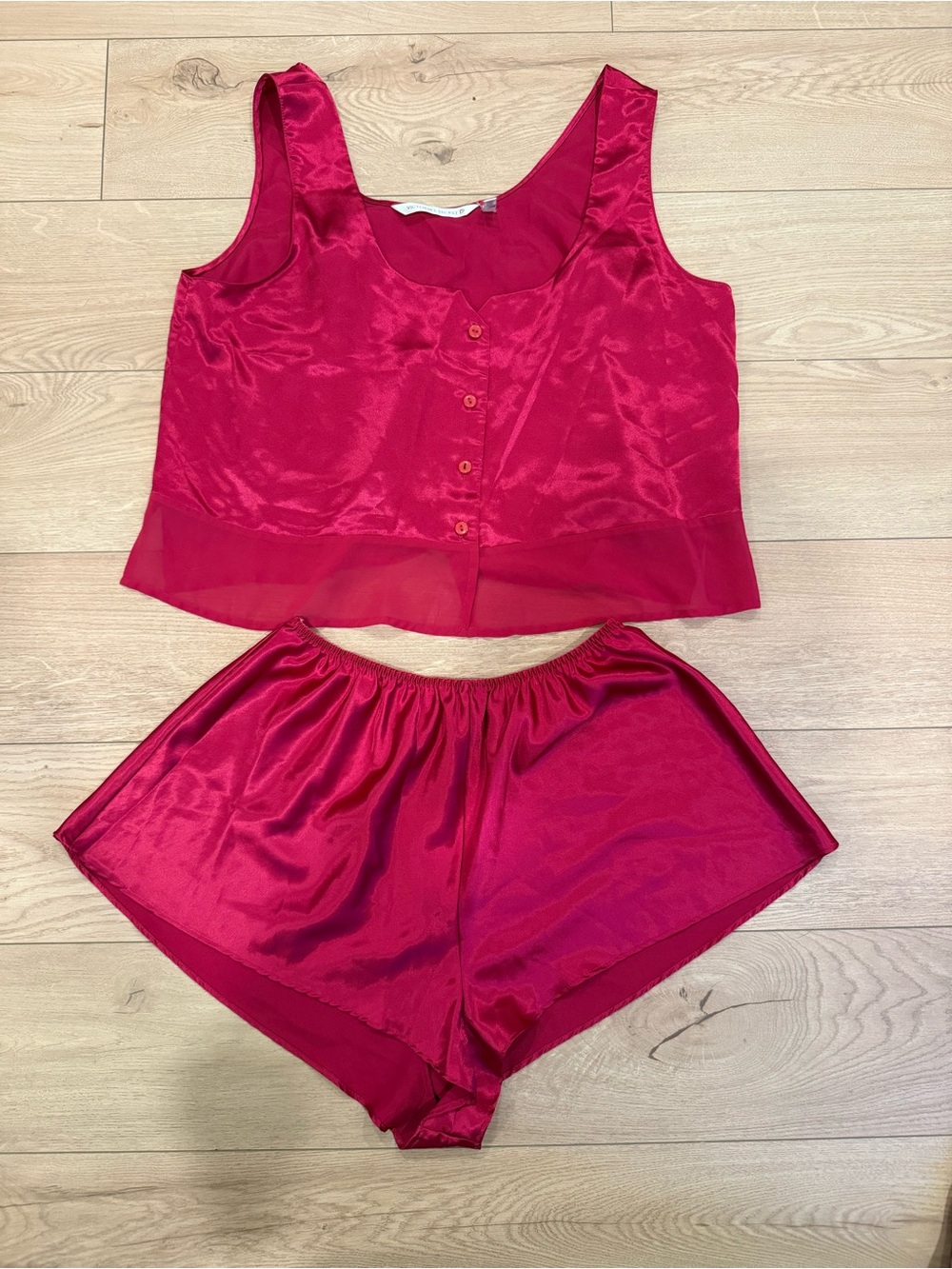 Vintage Victoria's Secret Red (Pink) Satin Button-Front Tank & Shorts Set